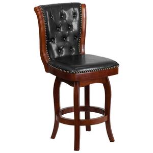 26 in. High Cherry Wood Counter Height Stool with Button Tufted Back and Black Leather Swivel Seat