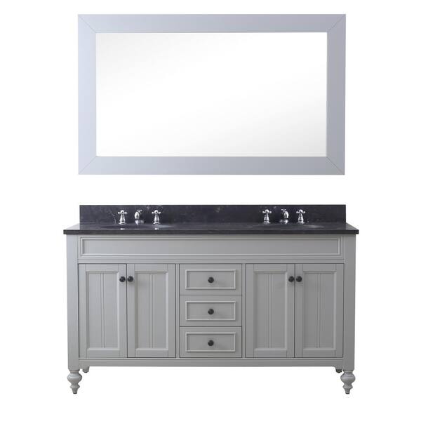 Water Creation Potenza 60 in. W x 33 in. H Vanity in Earl Grey with Granite Vanity Top in Blue Limestone with White Basins and Mirror