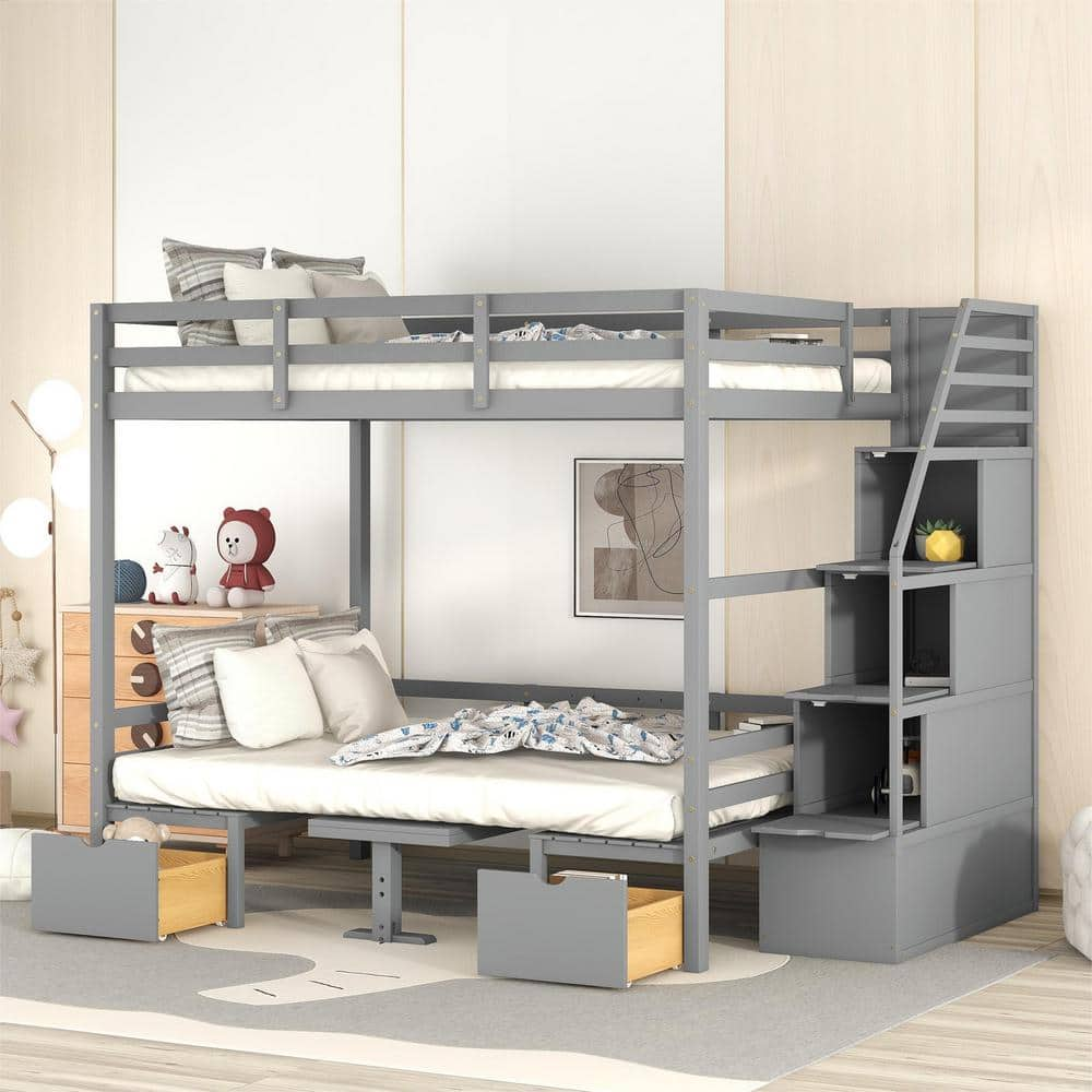 Harper & Bright Designs Convertible Gray Full over Full Size Bunk Bed ...