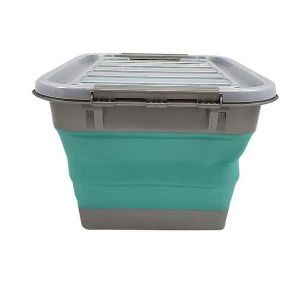 HOMZ Store N Stow 17-Gal. Collapsible Storage Container with Wheels in. Grey and Teal Base with Clear Lid (4-Pack)