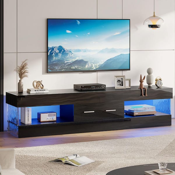 67 in. Glossy Black TV Stand Fits TV Up to 75 in. Entertainment Center with Storage Drawer LED Light