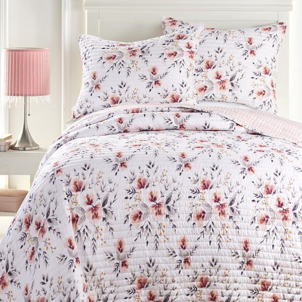 Pink Floral Reversible Microfiber Twin Quilt Set