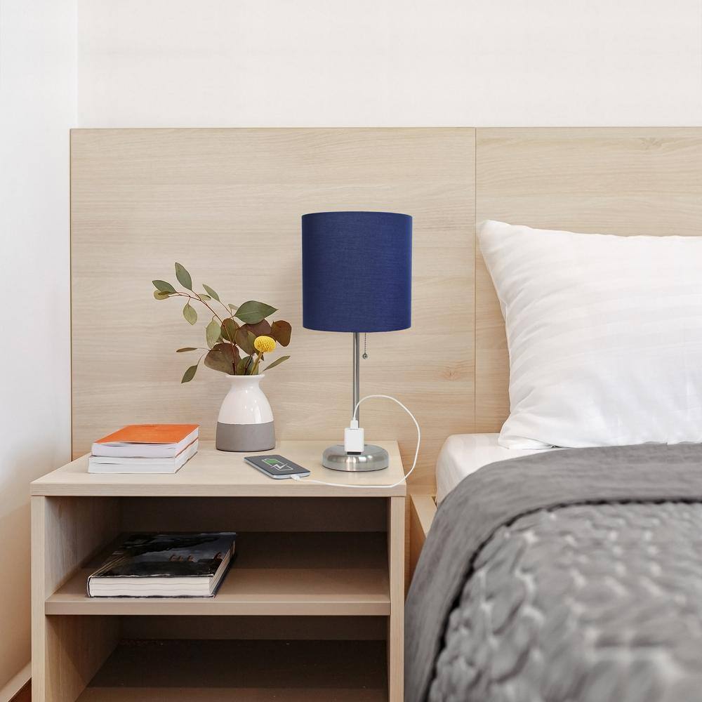 19.5" Navy Blue Fabric Shade Brushed Steel Nightstand Lamp