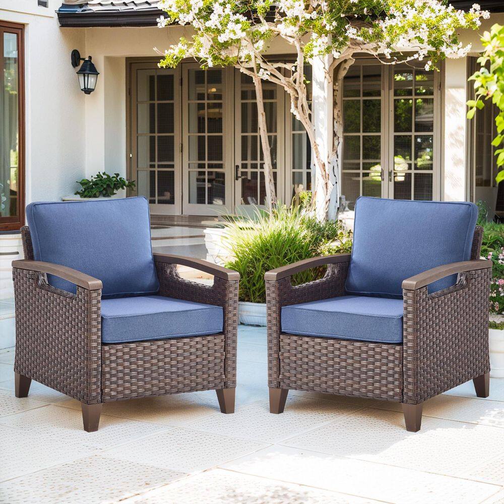Farmhouse 2-Piece Brown PE Wicker Outdoor Lounge Chair with Olefin Blue Cushions/Metal Armrest price history on PriceWatchPro