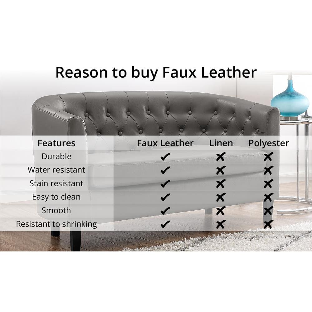 Cream Tufted Faux Leather Loveseat with Wooden Legs