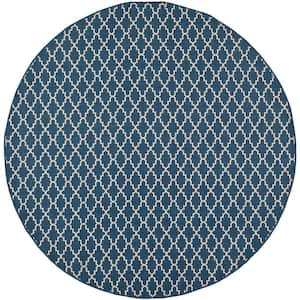 Courtyard Navy/Beige 5 ft. x 5 ft. Round Geometric Indoor/Outdoor Patio  Area Rug