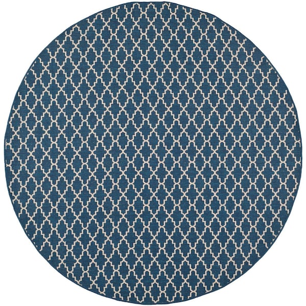Courtyard Navy/Beige 8 ft. x 8 ft. Round Geometric Indoor/Outdoor Patio  Area Rug