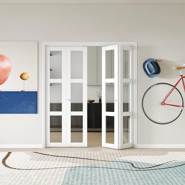 72 in x 80 in 3 Lite Clear Glass White MDF, Solid Core, Water-Proof Can't be Painted Bi-fold Door with All Hardware