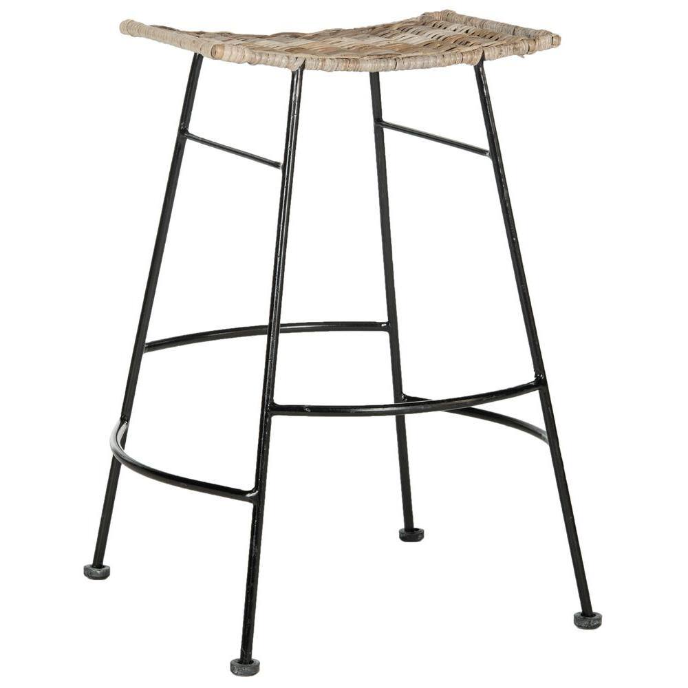 Gray Rattan and Metal Backless Counter Stools, Set of 2