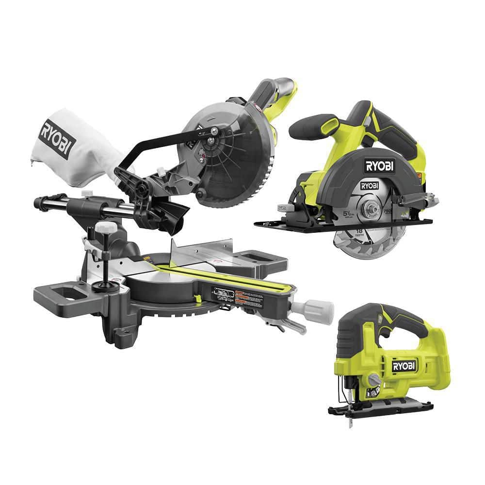 RYOBI ONE+ 18V Cordless 3-Tool Combo Kit with 7-1/4 in. Miter Saw, Jig Saw, and 5-1/2 in. Circular Saw (Tools Only) -  PBT01P525P500