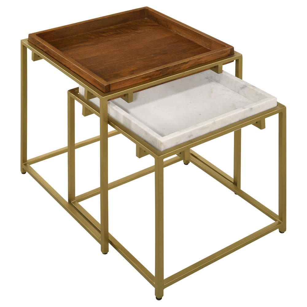 Gold and Brown Mango Wood Square Nesting Tables with Metal Frame