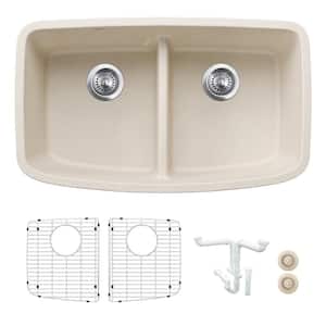 Valea 32 in. Undermount Double Bowl Soft White Granite Composite Kitchen Sink Kit with Accessories