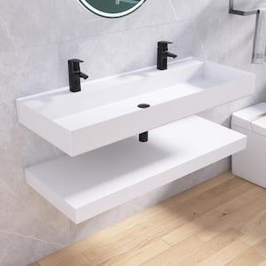 47 in. White Solid Surface Wall-Mounted Bathroom Vessel Sink and Shelves with Double Faucet Holes