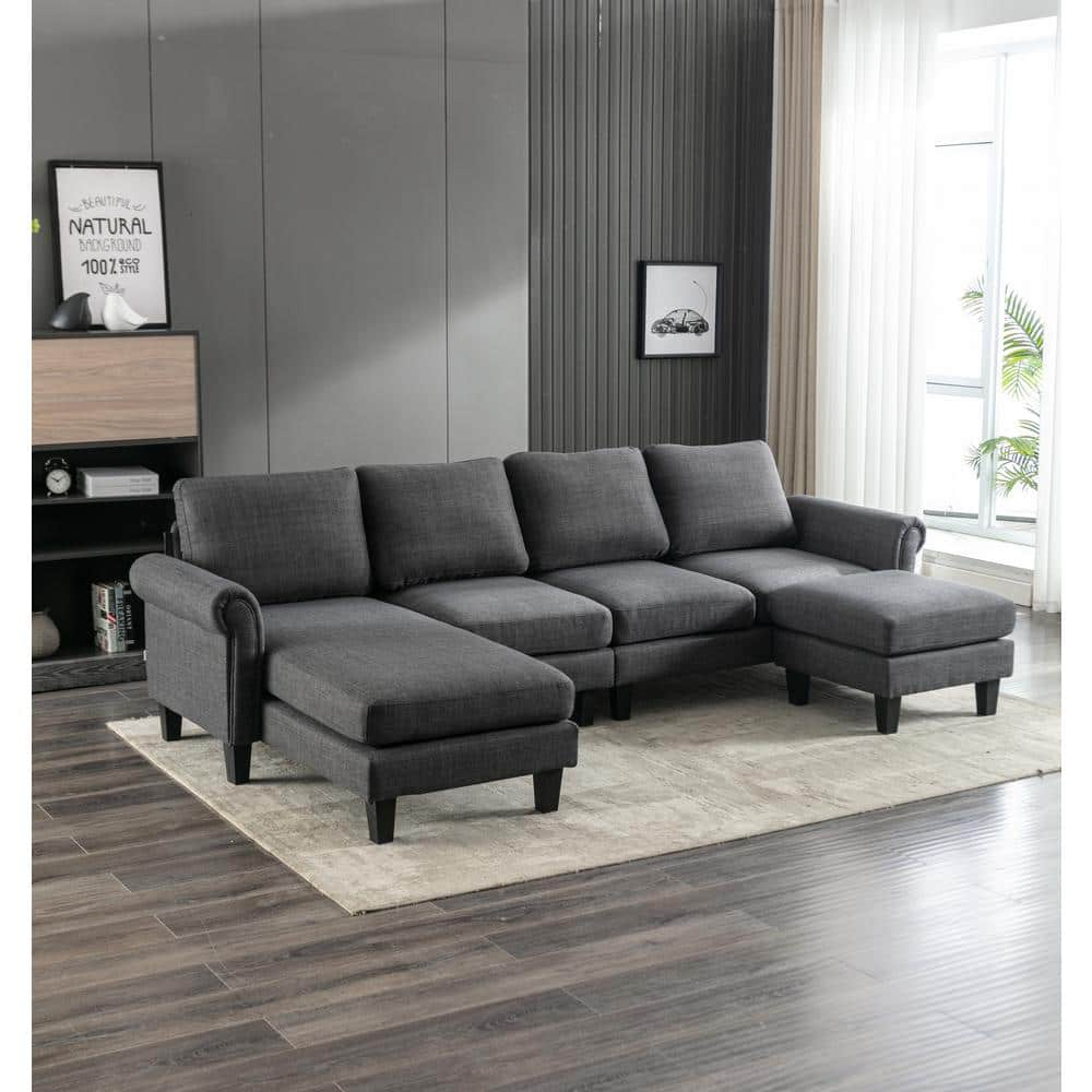 Modern 108.66 in. W Rolled Arm 2-Piece Velvet L Shaped 4-Seat Sectional Sofa in Charcoal Gray with Ottoman