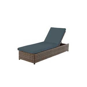 Fernlake Taupe Wicker Outdoor Patio Chaise Lounge with Sunbrella Denim Blue Cushions
