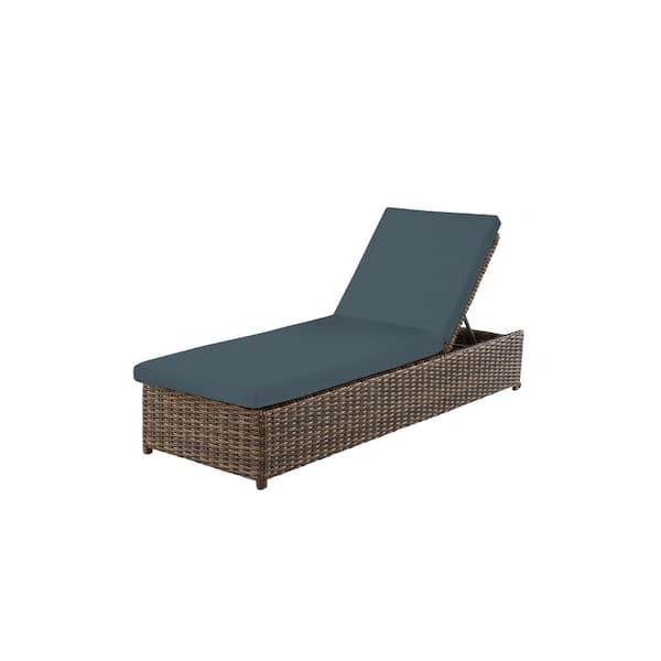 Hampton Bay Fernlake Brown Wicker Outdoor Patio Chaise Lounge with Sunbrella Denim Blue Cushions