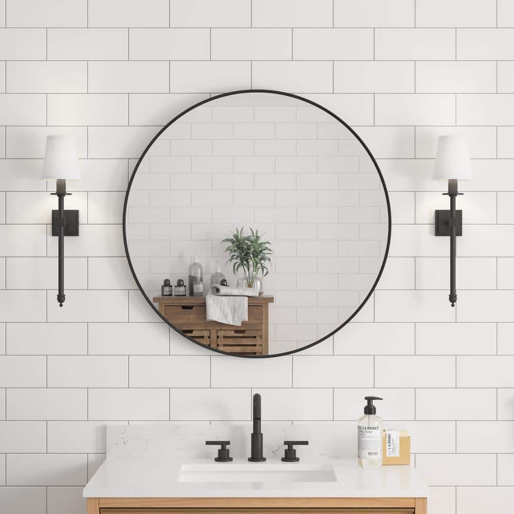 ANGELES HOME 32 in. W x 32 in. H Small Round Anodized Aluminum Framed ...