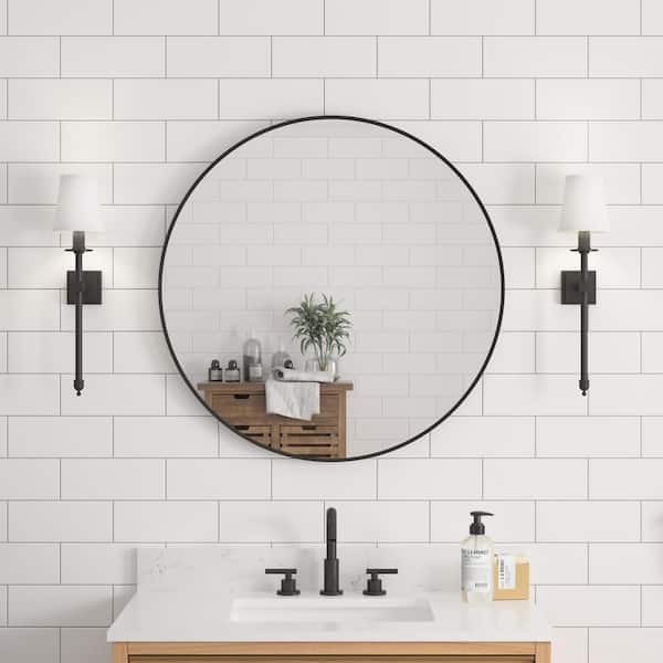 ANGELES HOME 32 in. W x 32 in. H Small Round Anodized Aluminum Framed Wall Bathroom Vanity Mirror in Matte Black