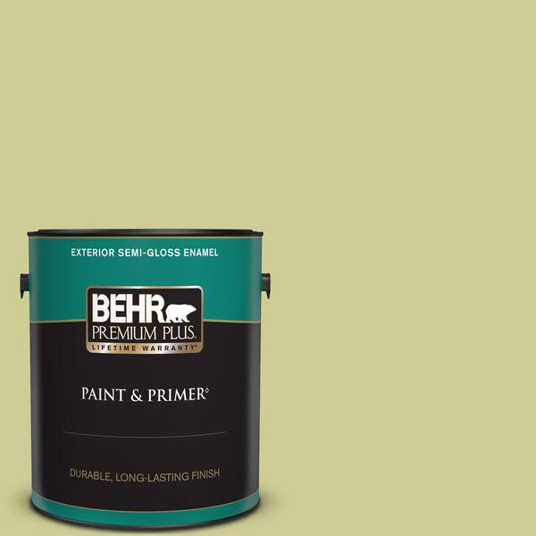 BEHR PREMIUM PLUS 1 gal. #400D-4 Corn Husk Green Semi-Gloss Enamel Exterior Paint & Primer