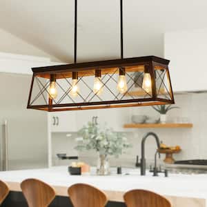 5-Light Vintage Industrial Brown Chandelier with Light Shade for Kitchen Island Dining Room