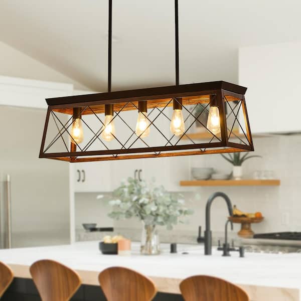 LWYTJO 5-Light Vintage Industrial Brown Chandelier with Light Shade for Kitchen Island Dining Room