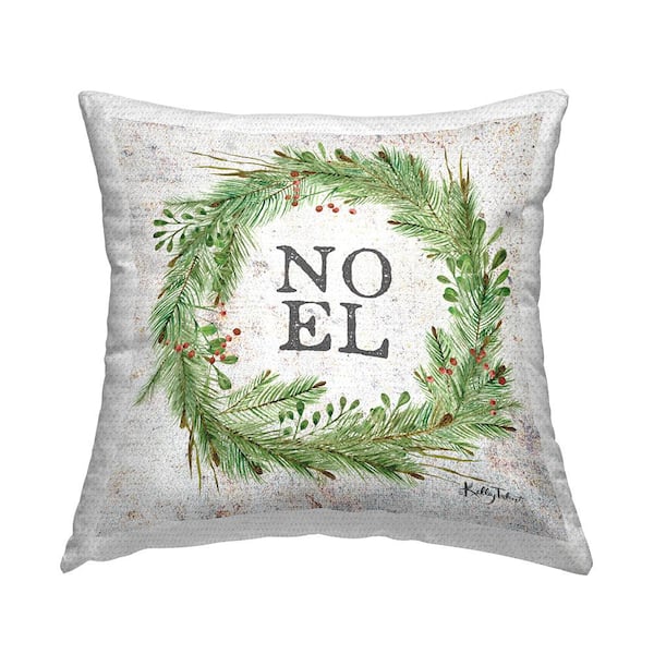 Noel Holiday Wreath Beige Square Outdoor Throw Pillow