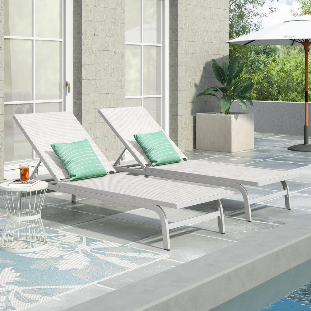 Outdoor Metal Mesh Chaise Lounge Set-2-Piece White Aluminum Frame Loungers 