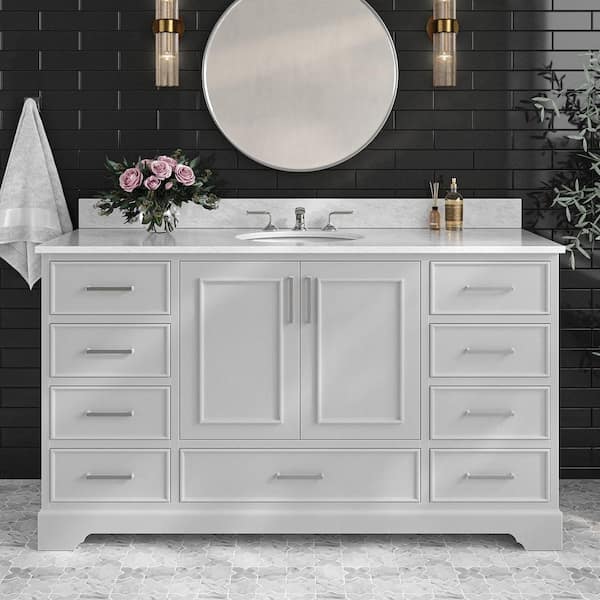 ARIEL Stafford 61 in. W x 22 in. D x 35.25 in. H Single Sink Freestanding Bath Vanity in Grey with Carrara White Marble Top