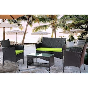 Black 4-Piece Metal Wicker Rectangular Outdoor Dining Set with Green Cushions