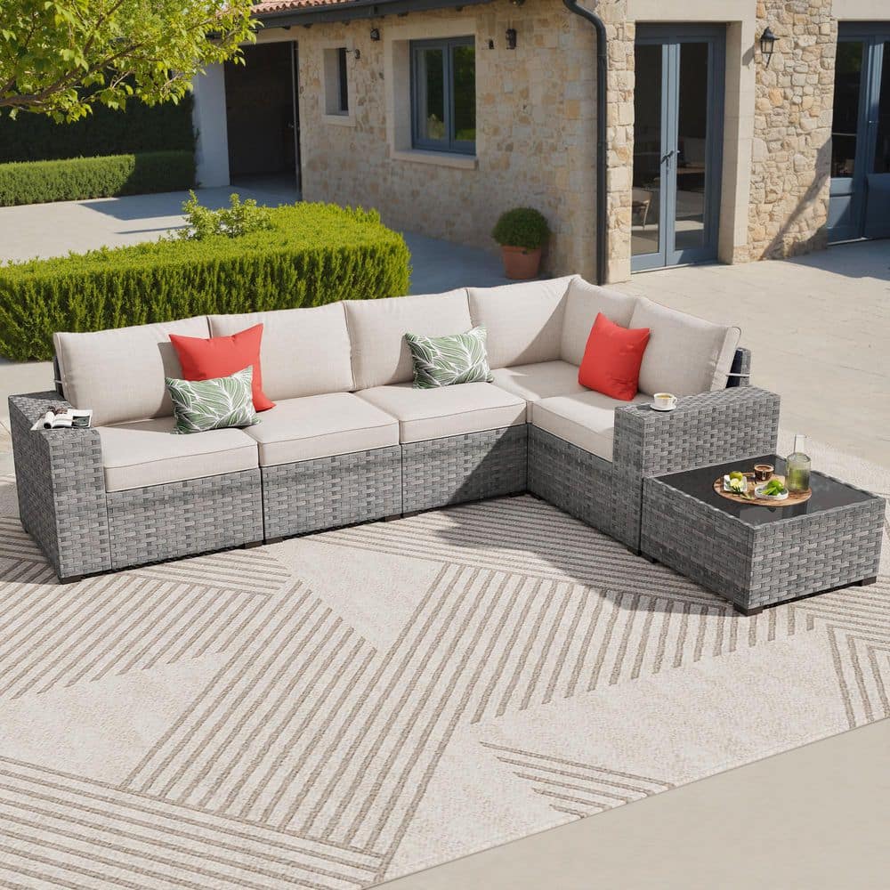 Bissty Gray 6-Piece Wicker Wide Arm Patio Conversation Set with Beige Cushions price history on PriceWatchPro