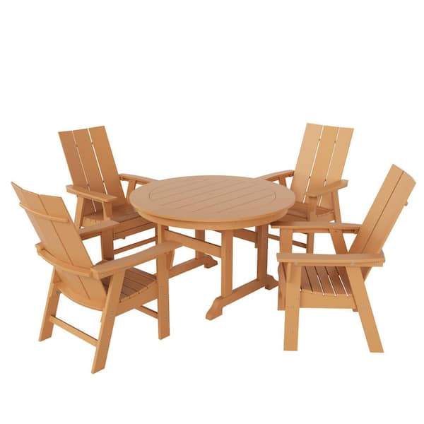 Shoreside Outdoor Patio Weather Resistant Adirondack Teak 5-Piece HDPE Plastic Round Table Dining Set