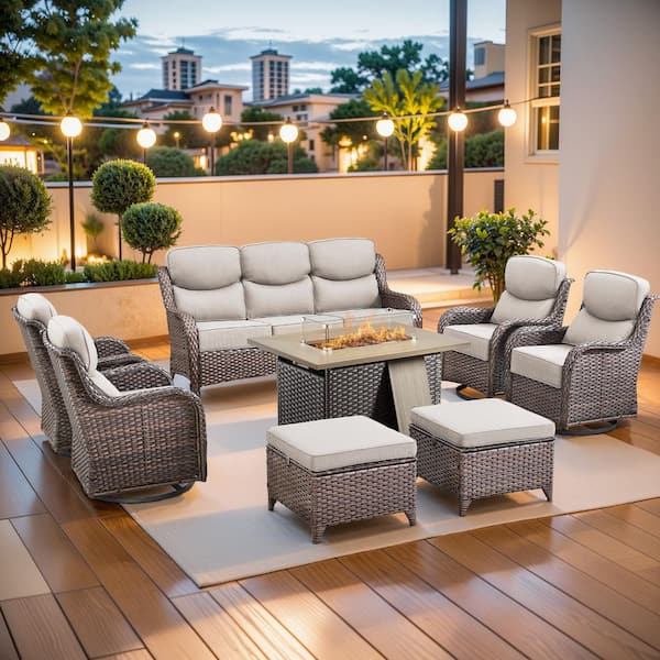 MoonLuxe Brown Wicker Fire Pit Conversation Set with Beige Olefin 6 in. Thick Cushions Patio Swivel Chairs (8-Piece)