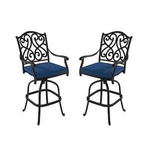 Black Swivel Cast Aluminum Retro Pattern Style Outdoor Bar Stool High Chair with Blue Cushion for Balcony (Set of 2)