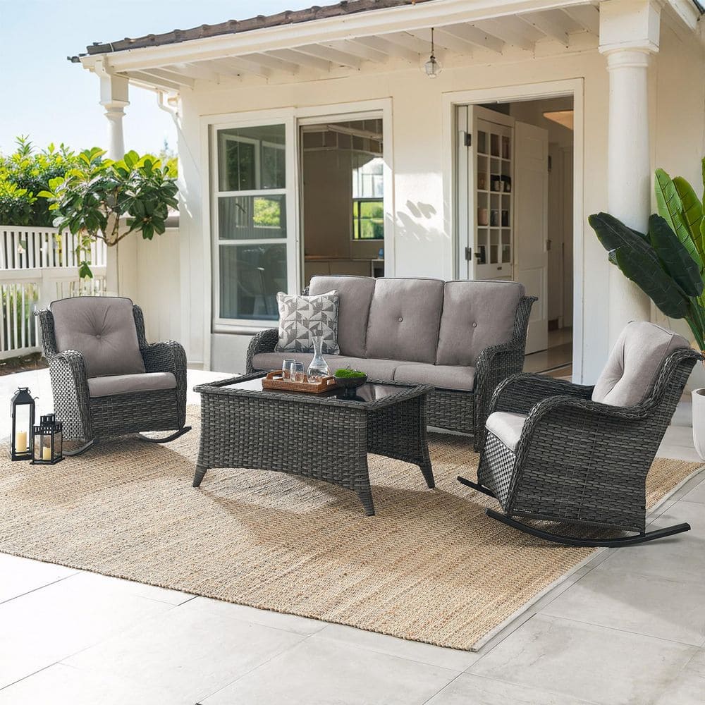 WellCane Gray 4-Piece Wicker Patio Conversation Set with Gray Cushion, Outdoor Sofa set with Rocking Chairs and Table price history on PriceWatchPro