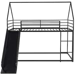 Black 76.5 in. L Twin Over Full Bunk Bed with Slide and Built-in Ladder Metal Frame House Bunk Bed No Box Spring Needed