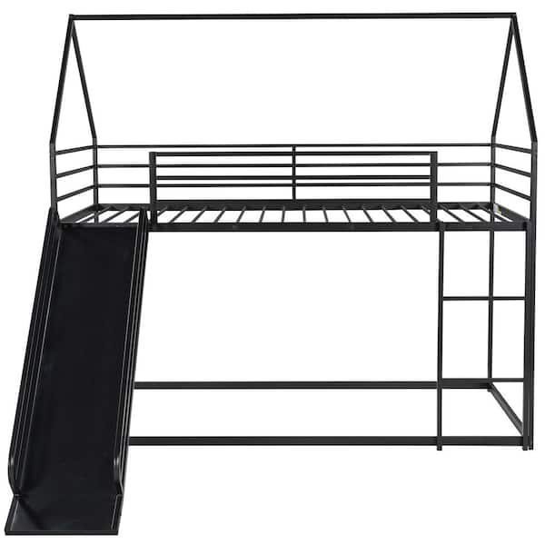 URTR Black 76.5 in. L Twin Over Full Bunk Bed with Slide and Built-in Ladder Metal Frame House Bunk Bed No Box Spring Needed