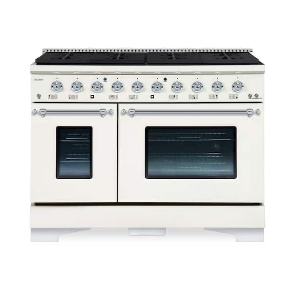 Hallman CLASSICO 48 in. 8 Burner Freestanding Double Oven Gas Range with Gas Stove and Gas Oven in Off-White Family