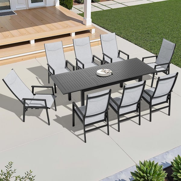 9-Piece Aluminum 6-8 Person Rectangle Extension Outdoor Patio Dining Set with Adjustable Backrest Gray Chair