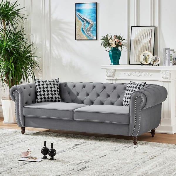 Egil 87 in. Rolled Arm Fabric Rectangle Sofa in. Grey with Nailhead Trim, Pillows