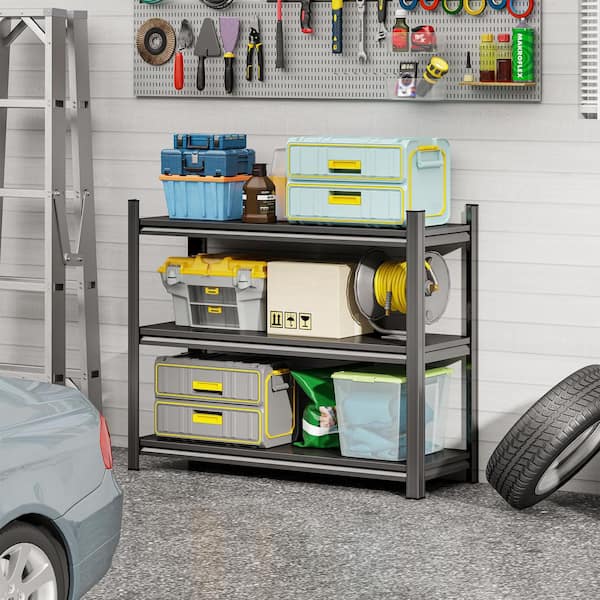 3-Tier Metal Adjustable Garage Storage Shelving Unit in Black (39.3 in. W x 31.5 in. H x 13.7 in. D)