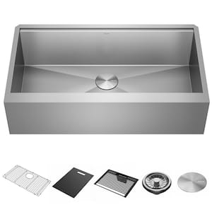 Rivet 16- Gauge Stainless Steel 36 in. Single Bowl Undermount Farmhouse Apron Workstation Kitchen Sink with Accessories
