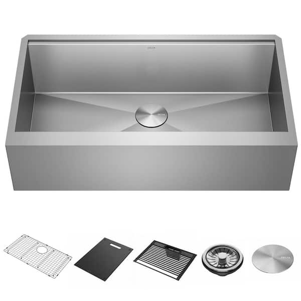 Delta Rivet 16- Gauge Stainless Steel 36 in. Single Bowl Undermount Farmhouse Apron Workstation Kitchen Sink with Accessories