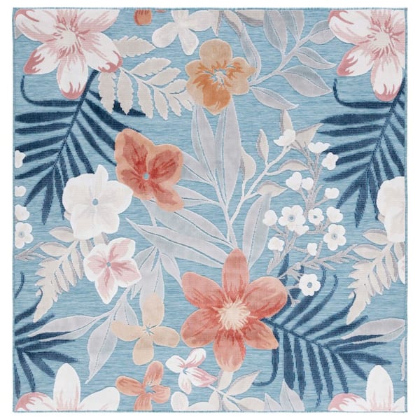 Cabana Aqua/Rust 4 ft. x 4 ft. High-Low Floral Leaf Indoor/Outdoor Square Area Rug