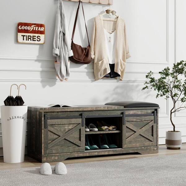 IDEAGLE H x 47 W Old Pine Wood Shoe Storage Bench