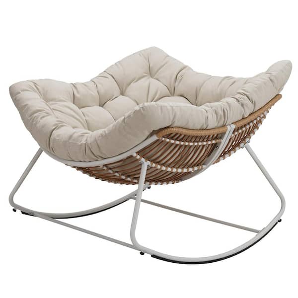 Sudzendf White Metal Oversized Outdoor Rocking Chair Papasan Chair with Padded Beige Cushions