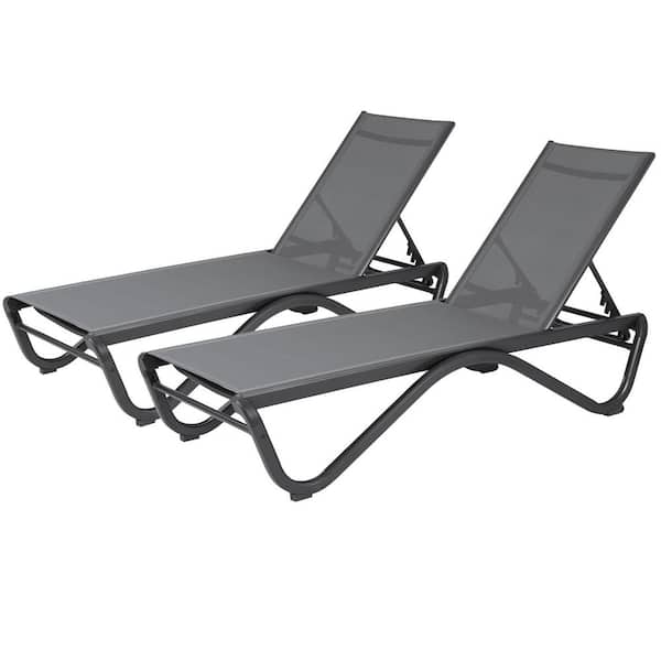 2 Pack Sturdy Aluminum Outdoor Chaise Lounge-Adjustable Reclining Sunbathing Chair with Full Flat Design (Gray)