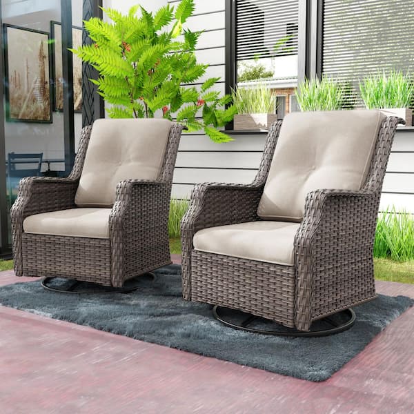 Wicker Patio Outdoor Lounge Chair Swivel Rocking Chair with Beige Cushions (2-Pack)
