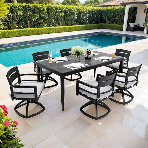7 Piece Patio Aluminum Outdoor Dining Set, 71" Black Marble-look Table with 6 Swivel Rockers with Cushions
