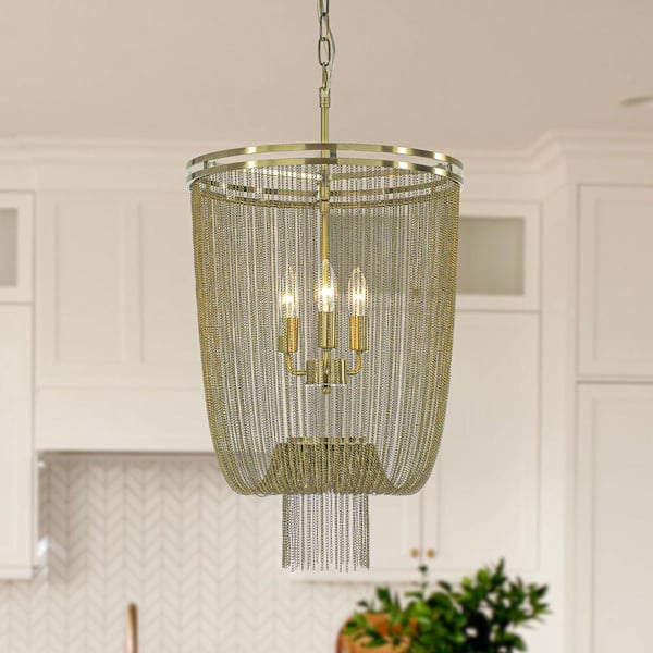 ALOA DECOR 3-Light 16 in. Industry Modern Metal Chainmail Tassel Chandelier in Antique Gold