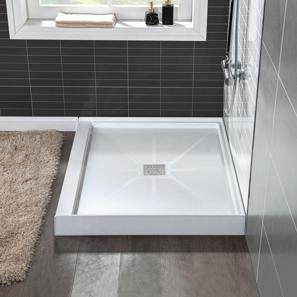 36" White Rectangular Shower Pan Base with Brushed Nickel Drain